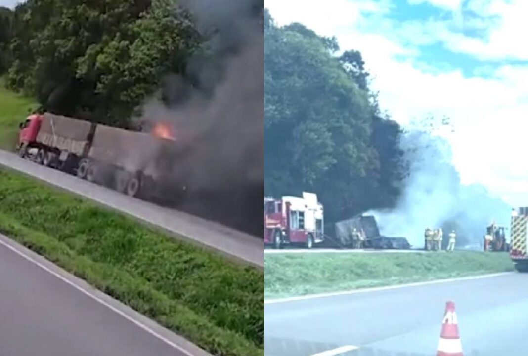 Carreta em chamas interdita o trânsito na BR-277: vídeo