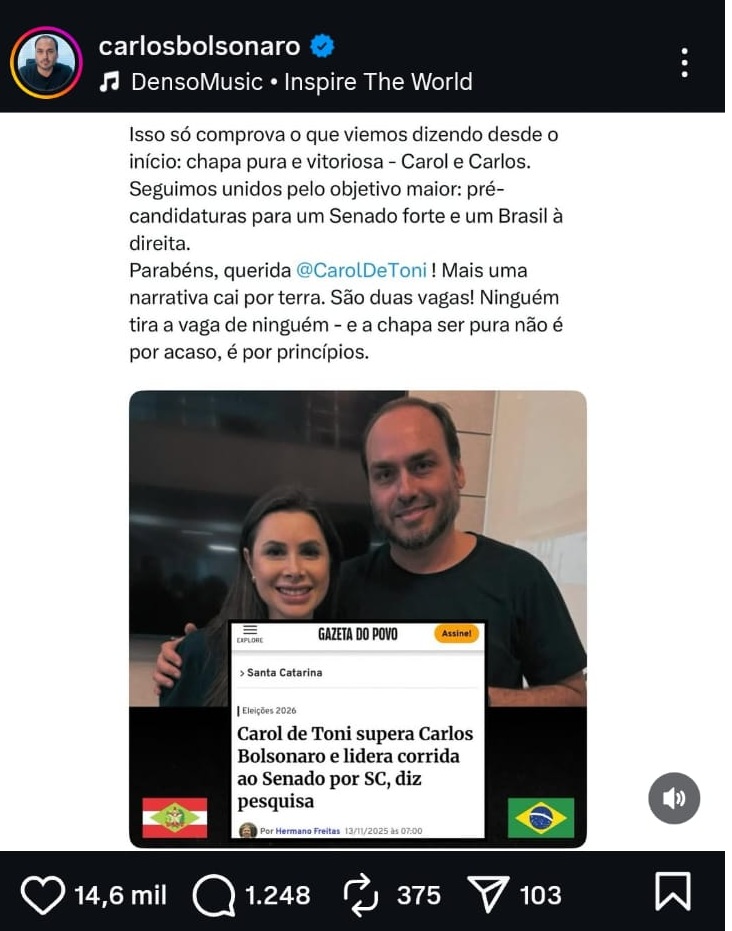 Carlos celebra pesquisa em que aparece atrás de Carol de Toni