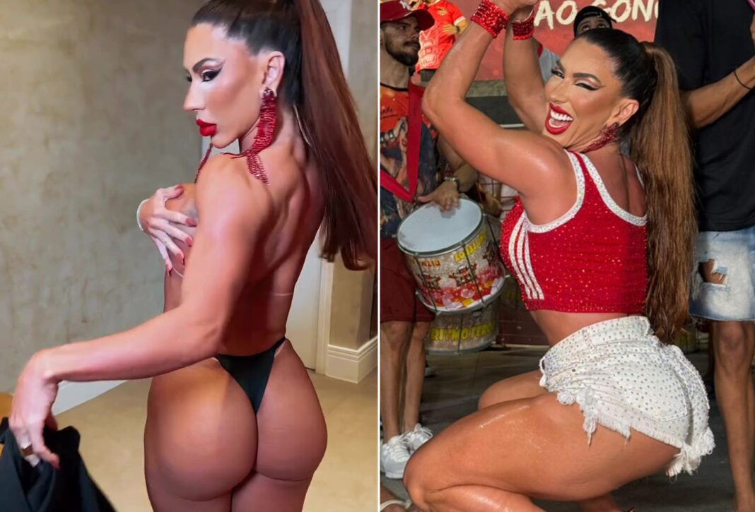 Rainha das Supercoxas posa topless e de fio-dental antes de ensaio da Porto da Pedra; vídeos