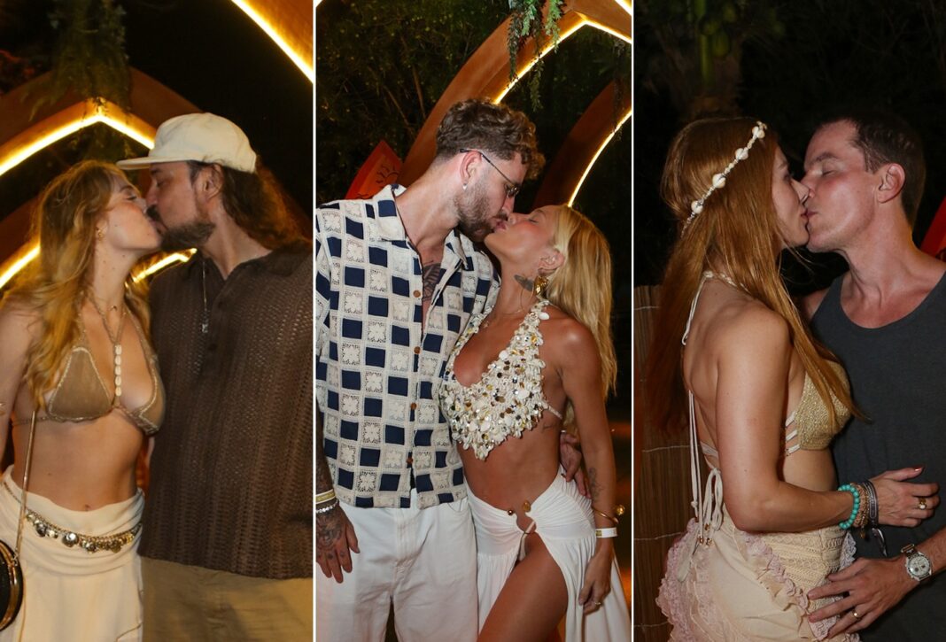 Karoline Lima e Léo Pereira e mais casais beijam muito em festa em Noronha