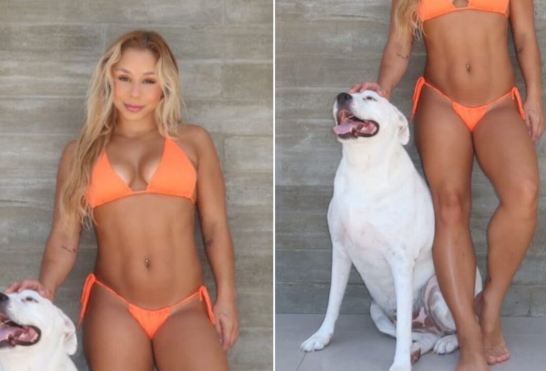 Flavia Saraiva posta clique de bíquini ao lado do cachorro