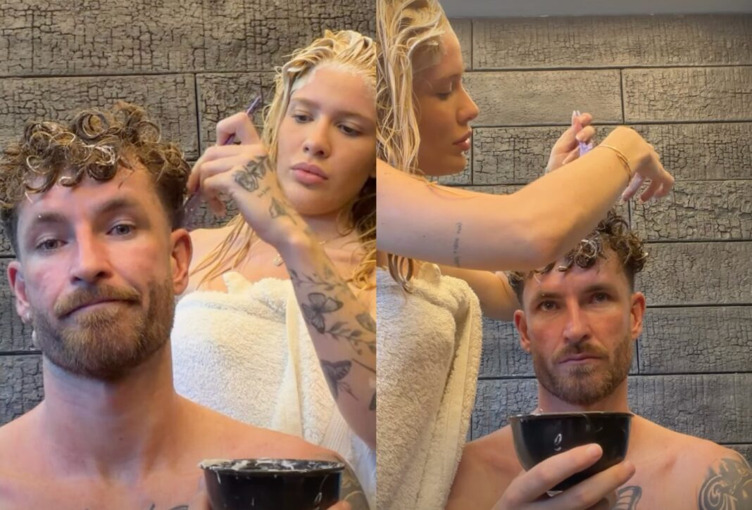 Karoline Lima pinta cabelo de Léo Pereira antes de viagem: ‘Desespero dos olhos’