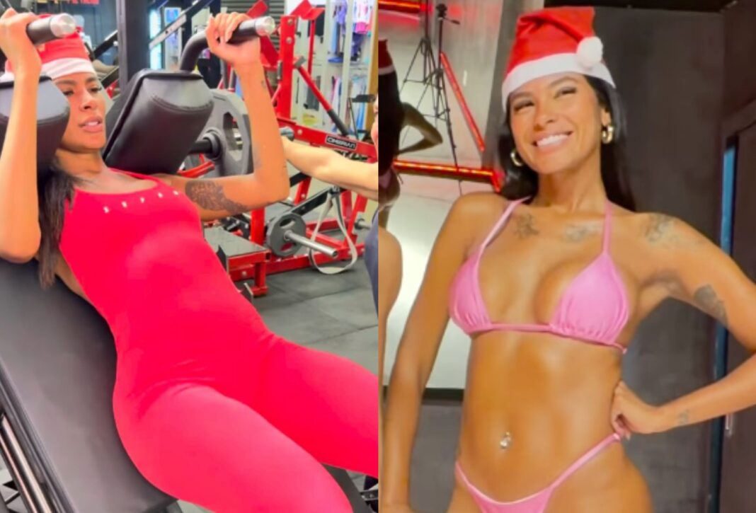 Pocah faz treino natalino vestida de Mamãe Noel e mostra resultados de biquíni