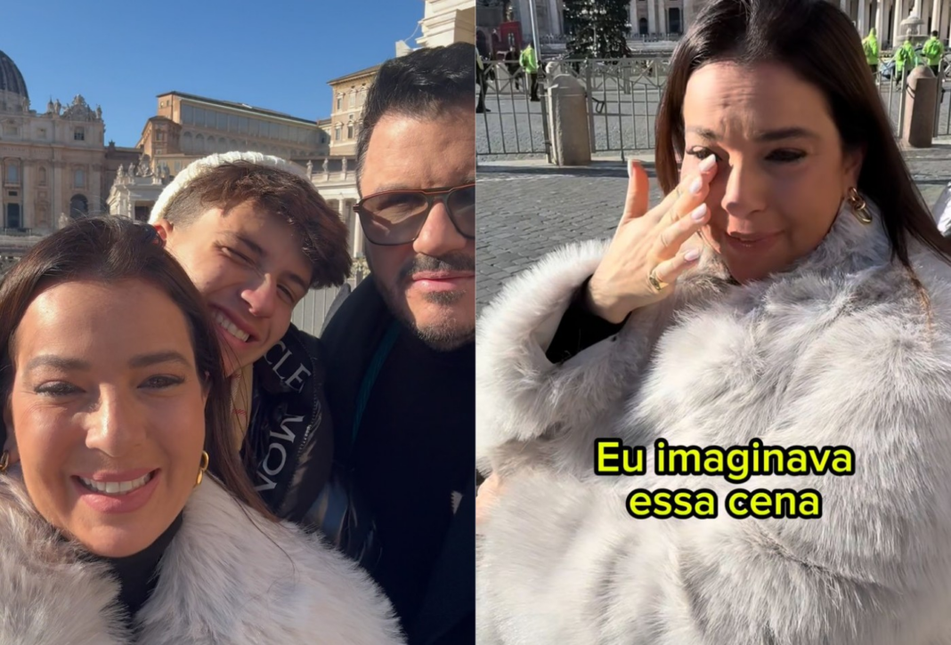 Esposa de Maurício Manieri, Iza Stein se emociona ao visitar o Vaticano após sofrer AVC; vídeo
