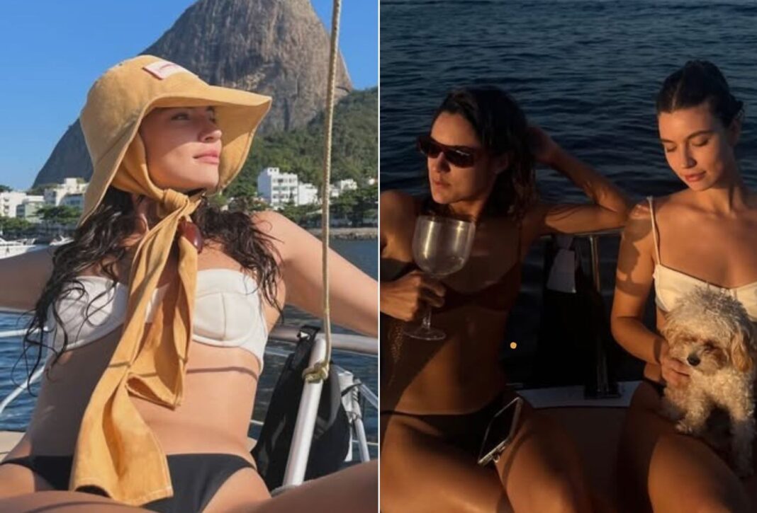 Alanis Guillen aproveita folga nas gravações de ‘Três Graças’ e curte passeio de iate com a namorada