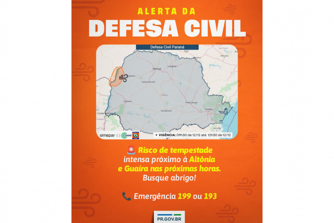 Simepar e Defesa Civil alertam para tempestades severas no Oeste e Noroeste nesta sexta