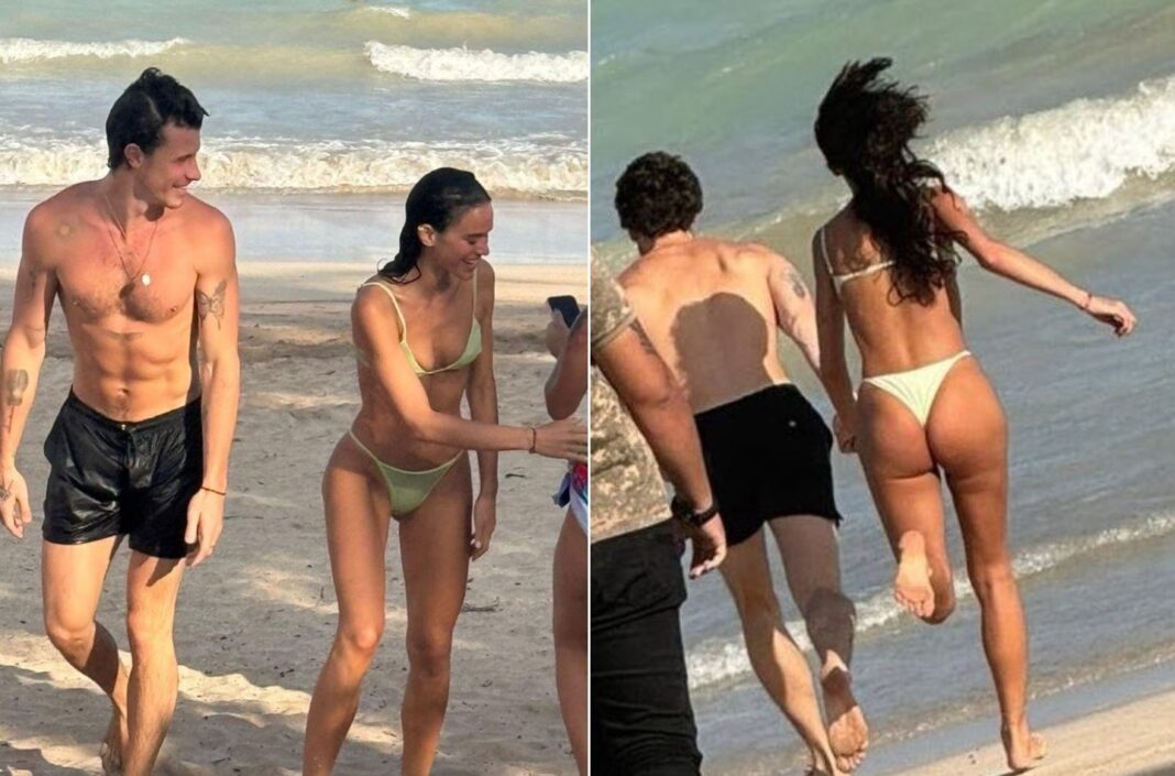 Juntos no primeiro dia do ano, Bruna Marquezine e Shawn Mendes correm para o mar em Alagoas; vídeo