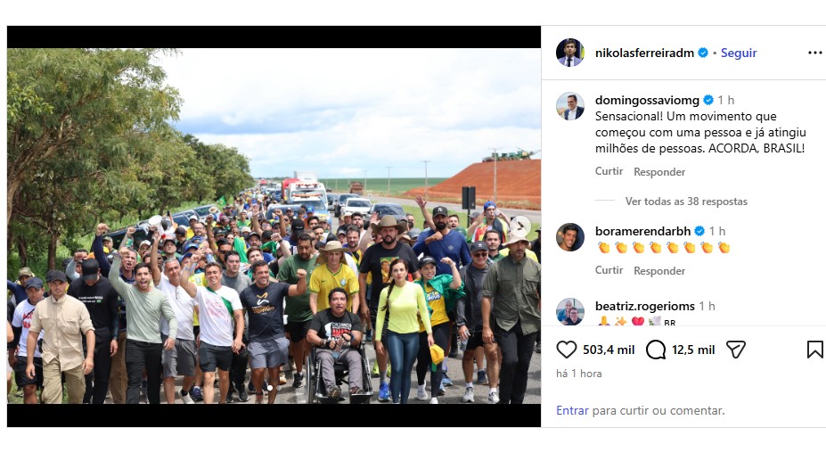 Em caminhada, Nikolas lembra de Daniel Silveira e Jair Bolsonaro