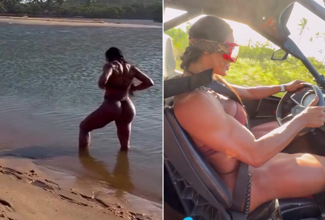 De biquíni, Gracyanne Barbosa dirige buggy e mostra corpão sarado em Trancoso
