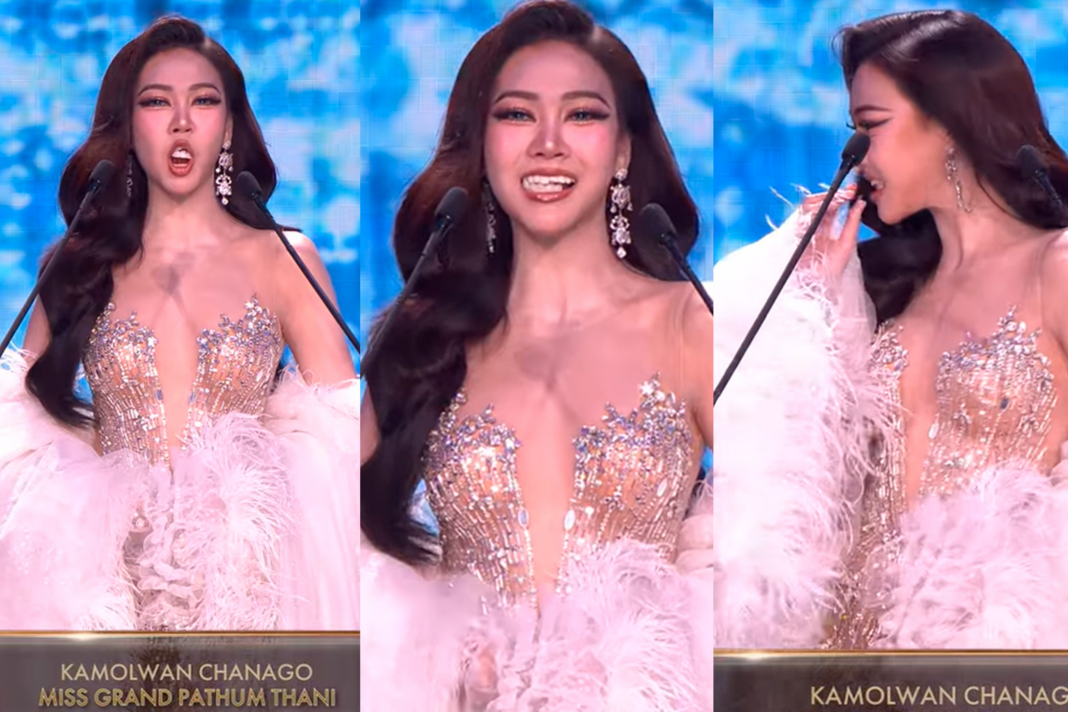 Dentes falsos de candidata ao Miss Grand Thailand 2026 caem durante apresentação